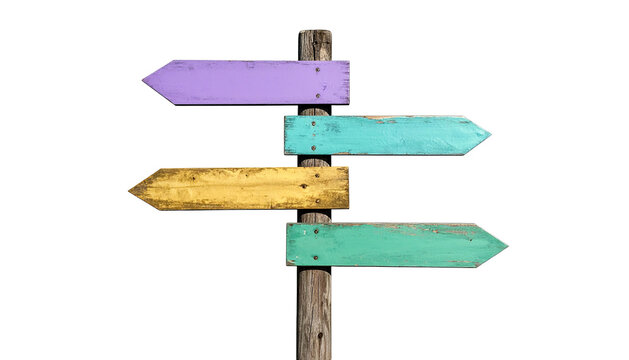 Multicolored direction signs on wooden post with multiple destination options - Powered by Adobe