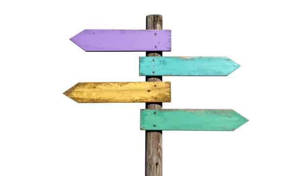 Multicolored direction signs on wooden post with multiple destination options
