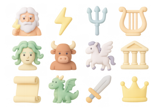 Mythical icons set: cute clay style greek mythology symbols