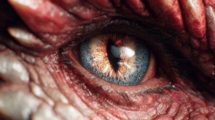Obraz premium Close-up of a dragon's eye with intense orange and blue hues, showcasing intricate details of reptilian skin and scales around the eye.