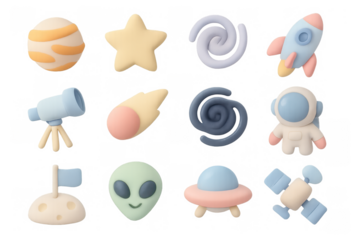 Charming pastel space icons featuring astronaut, alien, planets, and rocketship