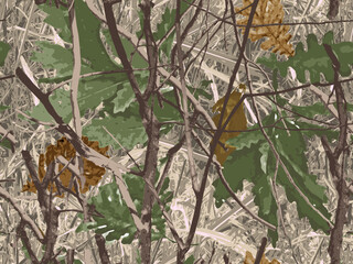 Posterized camouflage seamless pattern. Oak leaves and branches. Useable for hunting and military purposes.           