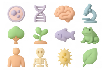 3d icons of biology: dna, brain, microscope, animals, and plants in soft tones