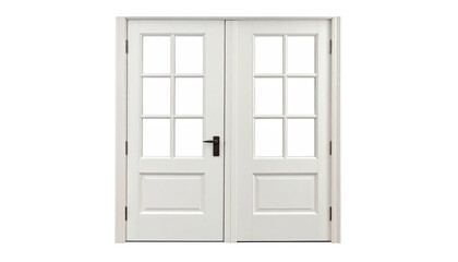 White double doors with glass panels, black handles, and a simple design, isolated