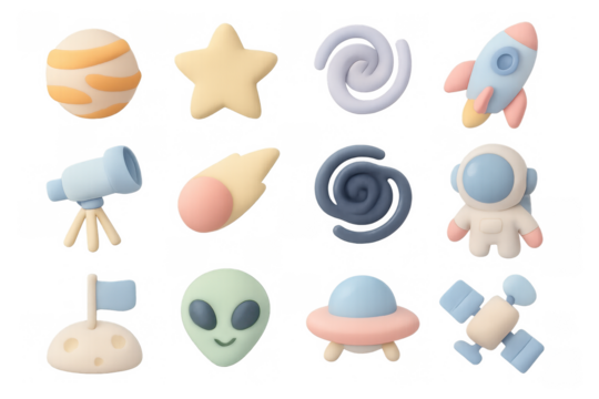 Charming pastel space icons featuring astronaut, alien, planets, and rocketship