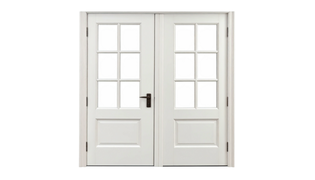 White double doors with glass panels, black handles, and a simple design, isolated