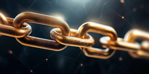 Golden Interconnected Chain Links on Blurred Network Texture, Representing Digital Connectivity