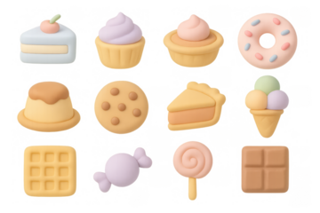 Cute 3d dessert set featuring cakes, donuts, and ice cream treats