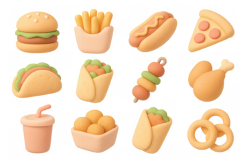 3d collection of popular fast food items in pastel tones