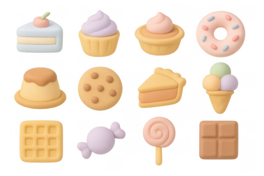 Cute 3d dessert set featuring cakes, donuts, and ice cream treats