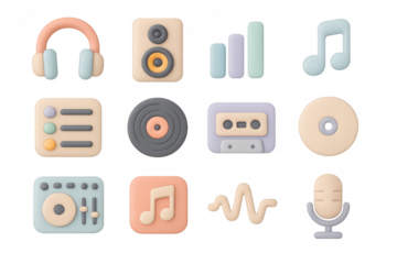 Colorful 3d music icons set: headphones, speaker, cassette, microphone, note, wave