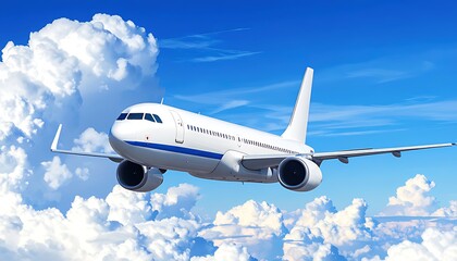 Obraz premium Airplane soaring through a vibrant blue sky filled with fluffy white clouds.