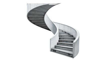 Ascending concrete spiral staircase against a black background