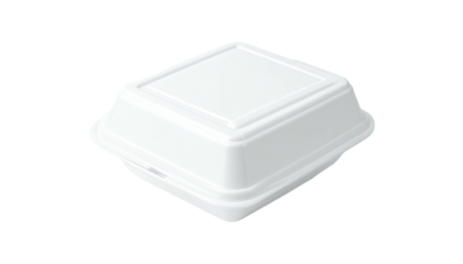 A white, rectangular, closed container used for takeout or food storage