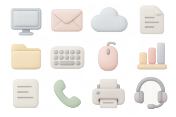 Cute pastel office icons: technology, communication, data visualization