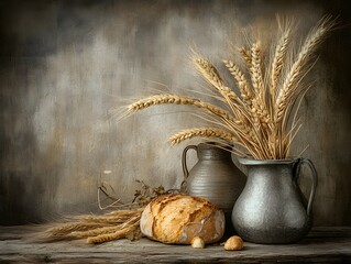 Rustic Still Life,  Wheat, Bread, and Earthenware Jugs