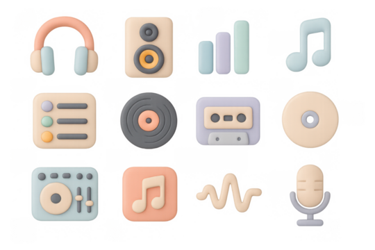 Colorful 3d music icons set: headphones, speaker, cassette, microphone, note, wave