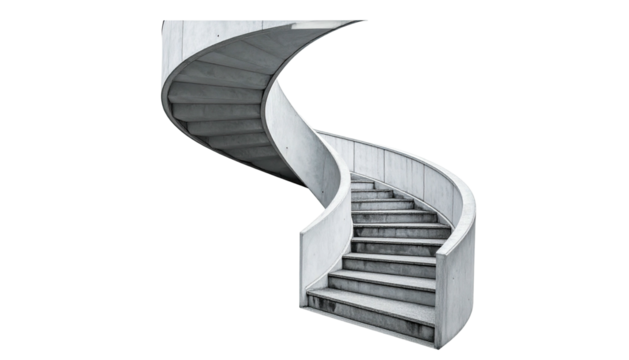 Ascending concrete spiral staircase against a black background