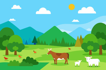 Illustration of a farm with animals and mountains