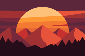 Sunset behind mountains with orange and red colors