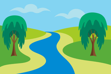 Cartoon landscape with river trees and cloudy sky