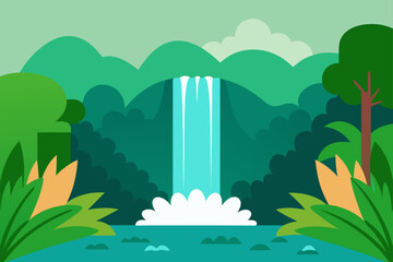 Waterfall flowing through lush green forest scene