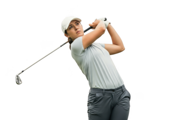 Woman golfer swinging club isolated on transparent background