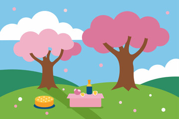 Picnic under cherry blossom trees in springtime day