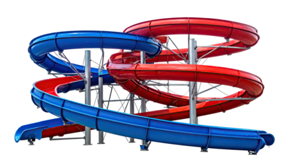 Two intertwined, brightly colored, tubular waterslides with metal support structure