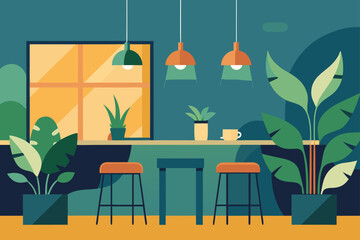 Interior view with plants stools and hanging lamps