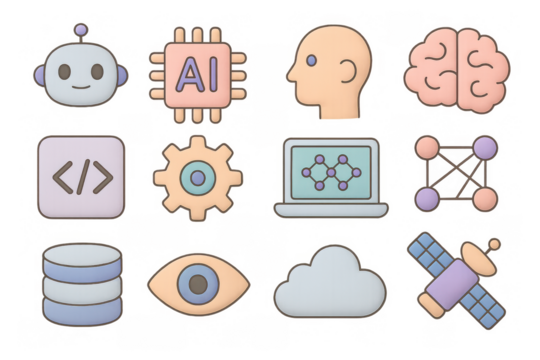 Colorful 3d technology icons featuring ai, cloud computing, and robotics elements - Powered by Adobe
