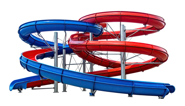 Two intertwined, brightly colored, tubular waterslides with metal support structure
