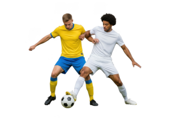 Two soccer player competing for ball isolated on transparent background