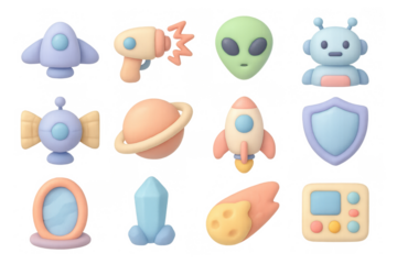 Playful space icon set with cute aliens and colorful spaceships in soft 3d style