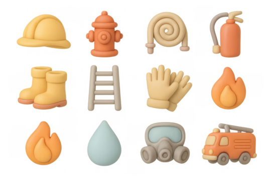 Colorful 3d firefighting elements set with equipment and safety icons