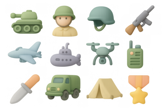 Military equipment icons in pastel 3d style including tank, soldier, and drone