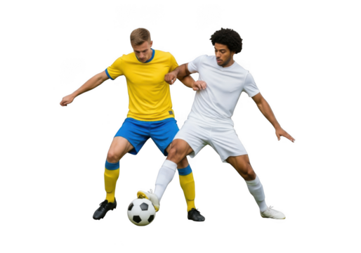 Two soccer player competing for ball isolated on transparent background