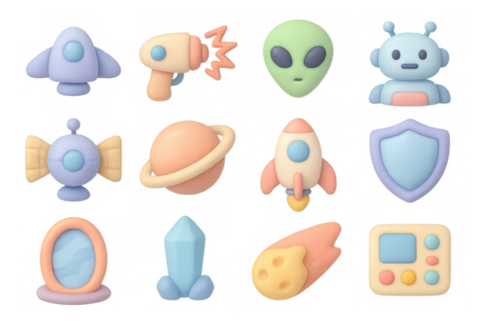 Playful space icon set with cute aliens and colorful spaceships in soft 3d style