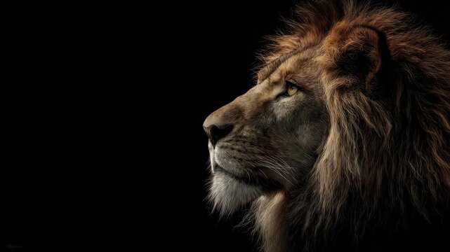 Close-up side view of a majestic lion with rich fur texture in realistic style on black background, symbolizing strength and royalty