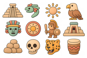 Ancient mesoamerican style icons featuring mythical creatures and symbols