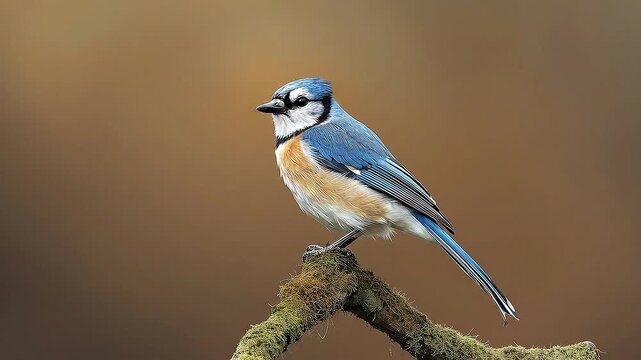 A beautiful wild bird with distinctive blue, white, and black plumage is seen perched calmly on a textured, moss-covered tree branch. The bird displays its vibrant colors, including a noticeable crest