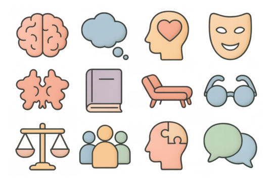 Outline icons of psychology and therapy concepts with pastel colors