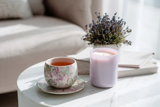 Floral teacup and lavender candle on marble table in sunlight - Powered by Adobe