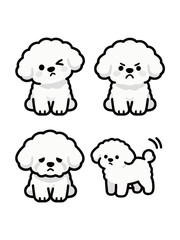 Adorable cartoon set of a white Bichon Frise dog with various expressions: winking, angry, sad, and standing with tail wagging, vector illustration.