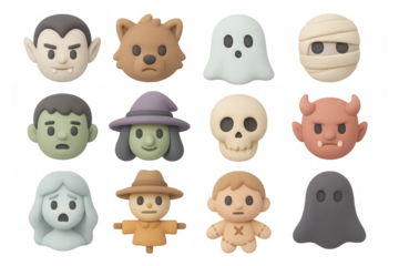 Cute halloween characters emoji style: ghosts, monsters, and more
