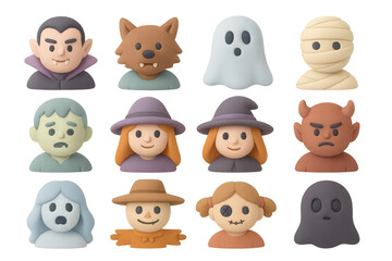 Obraz premium Cute halloween character icons featuring ghosts, vampires, witches, and monsters in a charming style