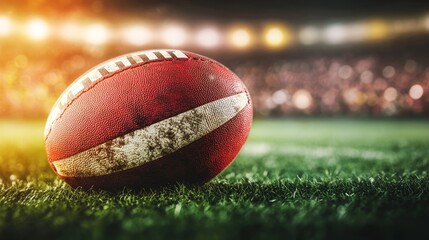 Close-up of an Oval Textured American Football with White Stripe on a Green Grass Field at Sunset