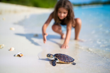 Child Interacting with a Baby Sea Turtle on a Beach