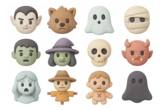 Cute halloween characters emoji style: ghosts, monsters, and more