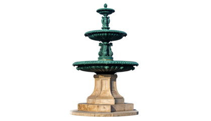 Three-tiered fountain, bronze and stone, isolated on black backdrop